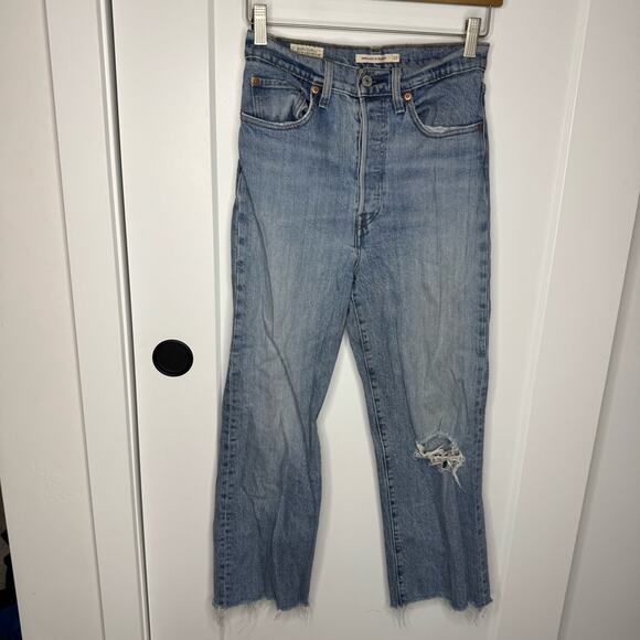 Levi’s Ribcage Straight Distressed Raw Hem High Rise Button Fly Jeans Size 27 - Picture 2 of 9